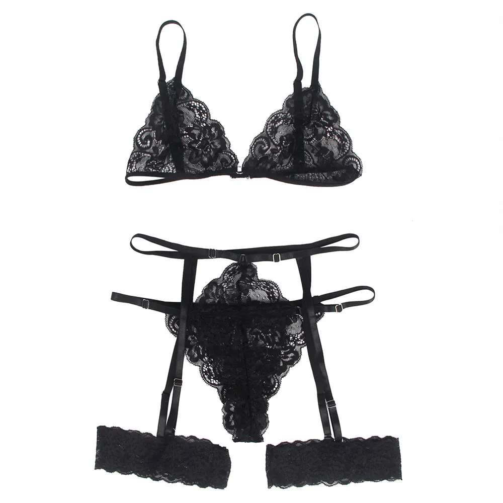 Black & Red Lace Hollow Out Design Garter Belt Leg Ring Bra Set