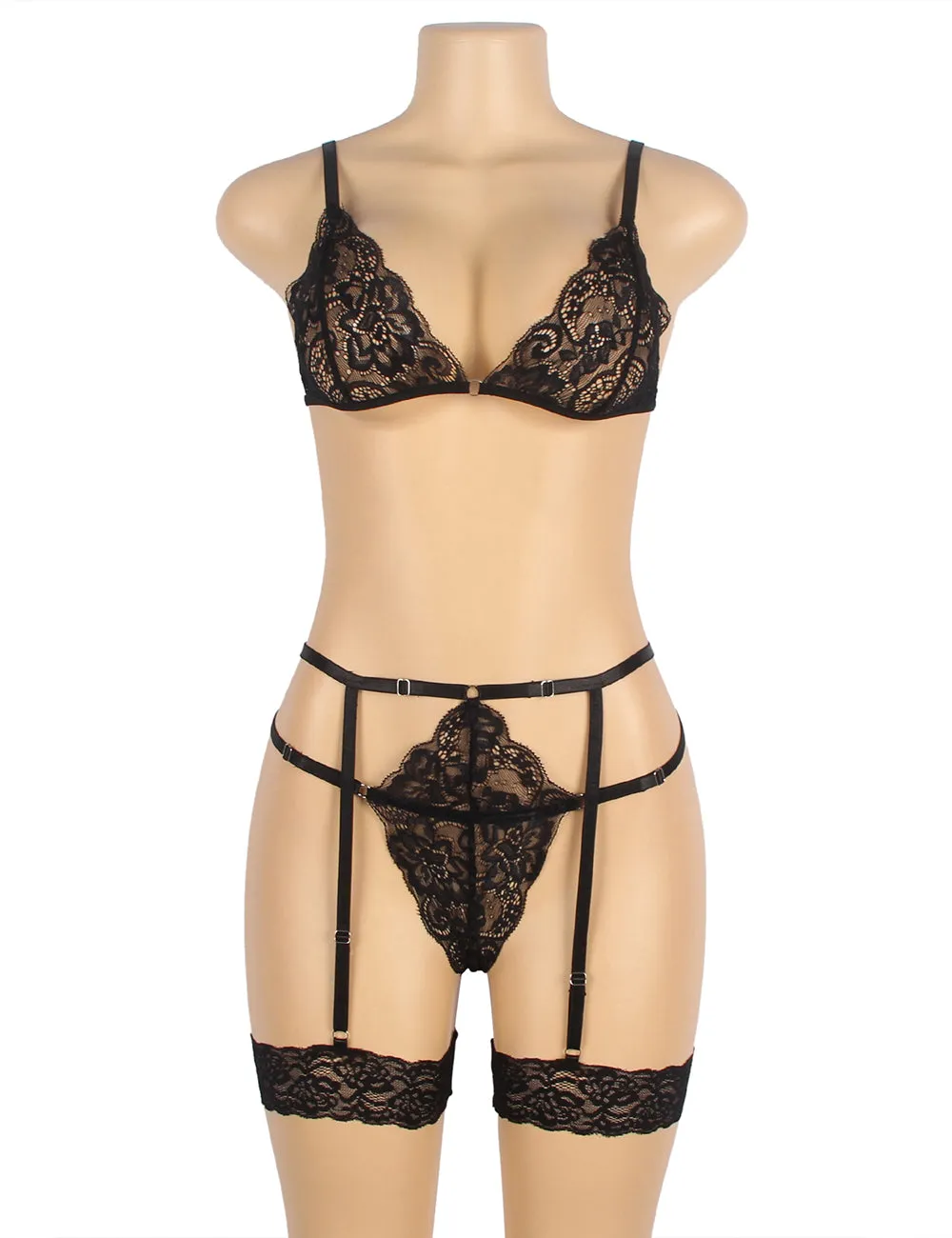Black & Red Lace Hollow Out Design Garter Belt Leg Ring Bra Set