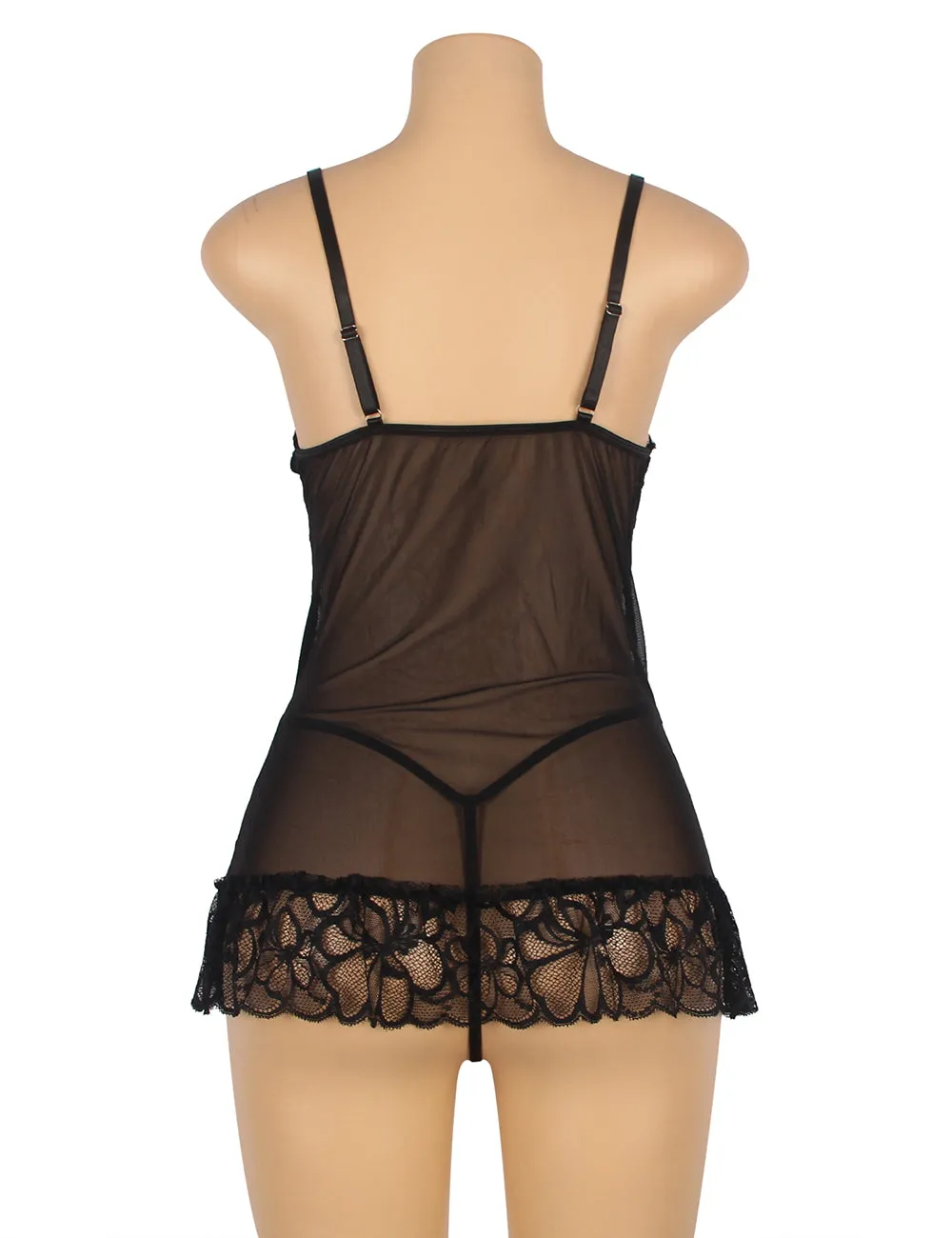 Black & Red Sheer Lace Floral Patterns Adjustable Straps Babydoll