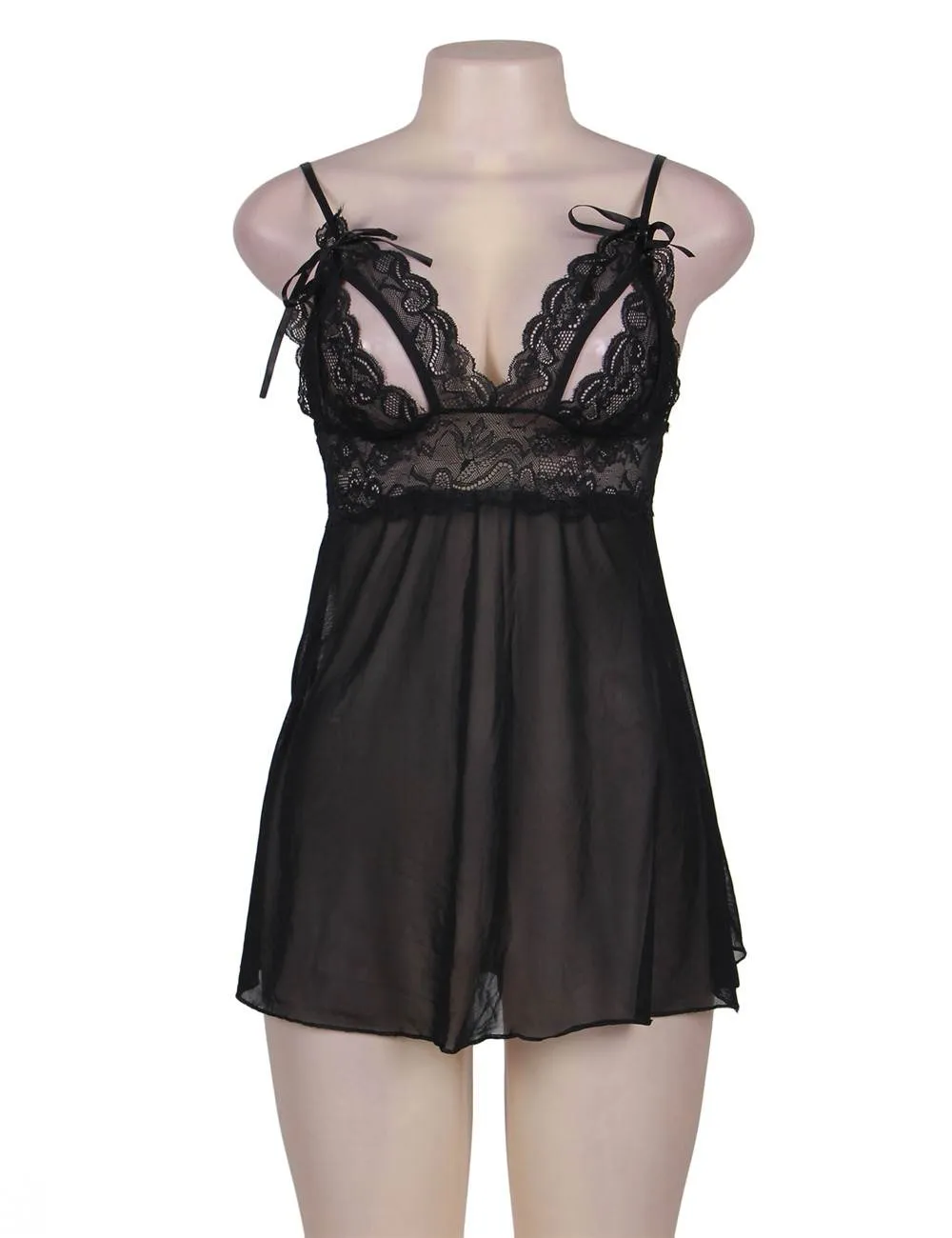 Black & Red Sweetheart Scalloped Lace Decor Babydoll