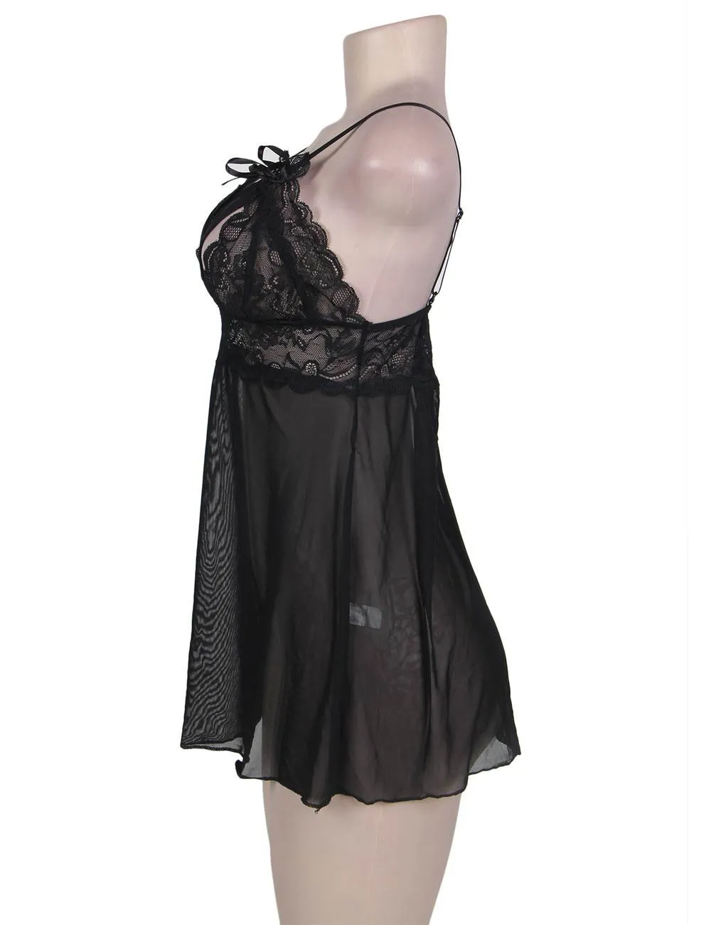Black & Red Sweetheart Scalloped Lace Decor Babydoll