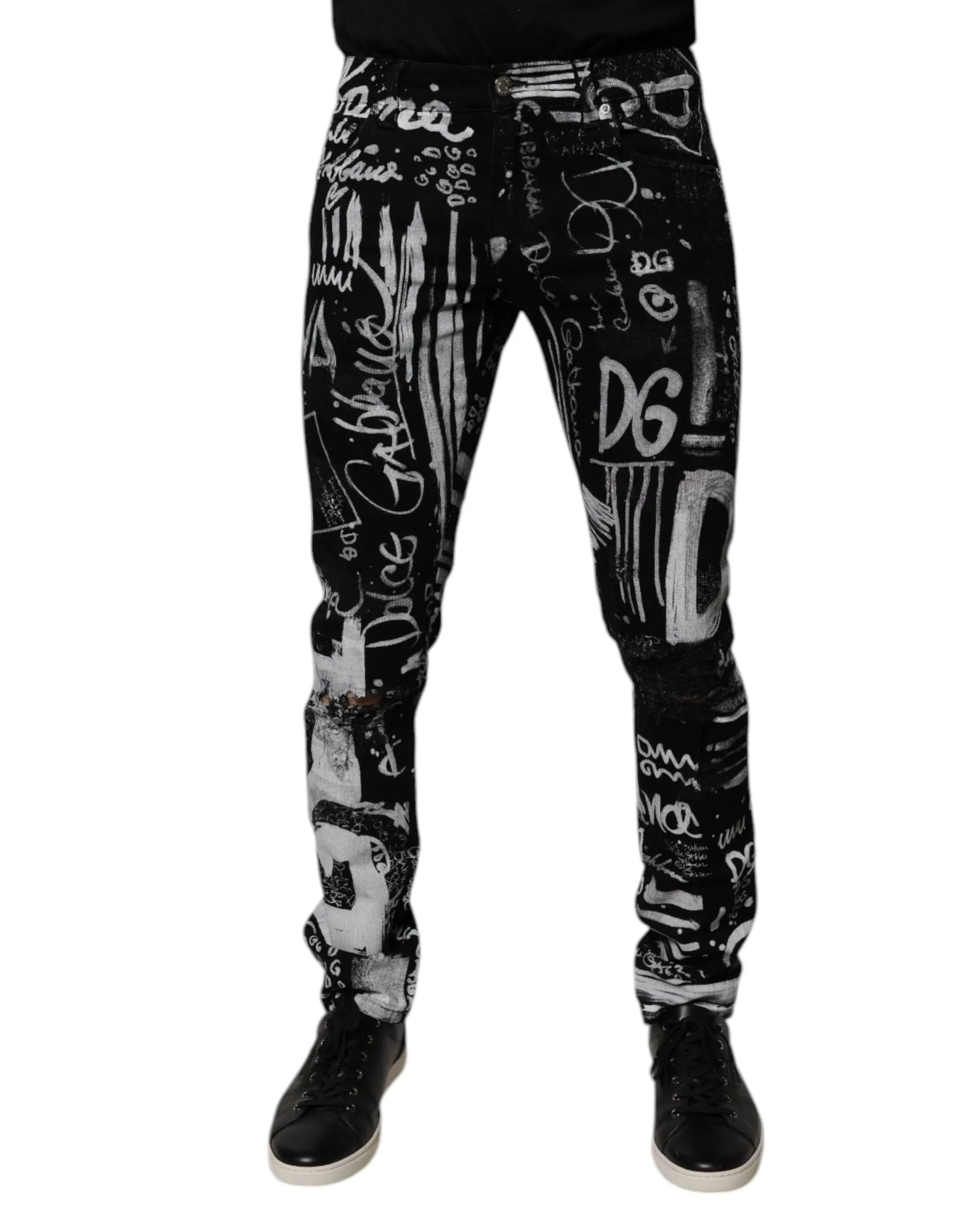 Black Cotton Logo Print Skinny Denim Jeans