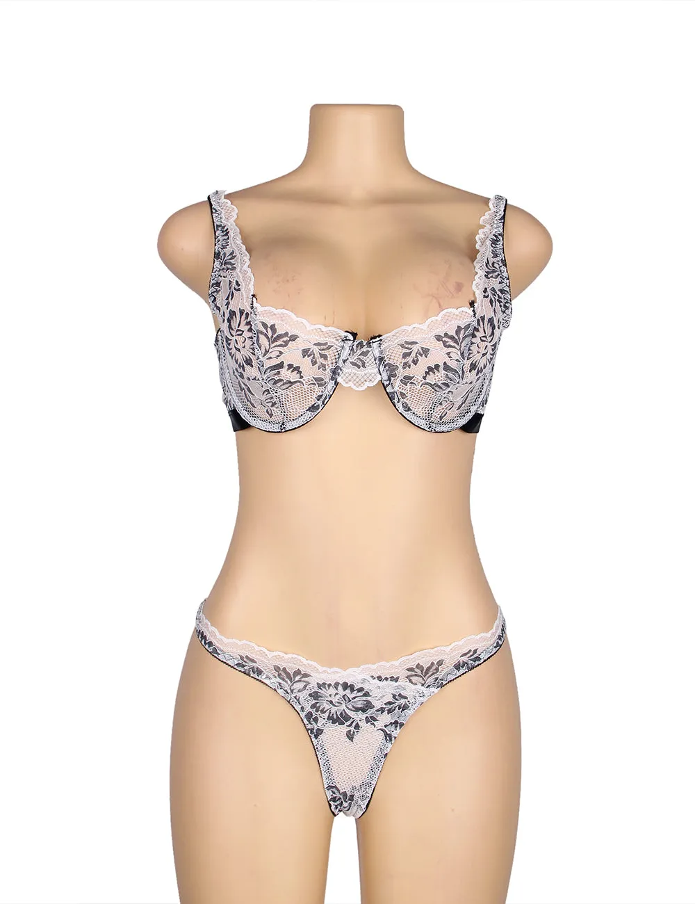 Black Floral Lace Underwire White Bra Set