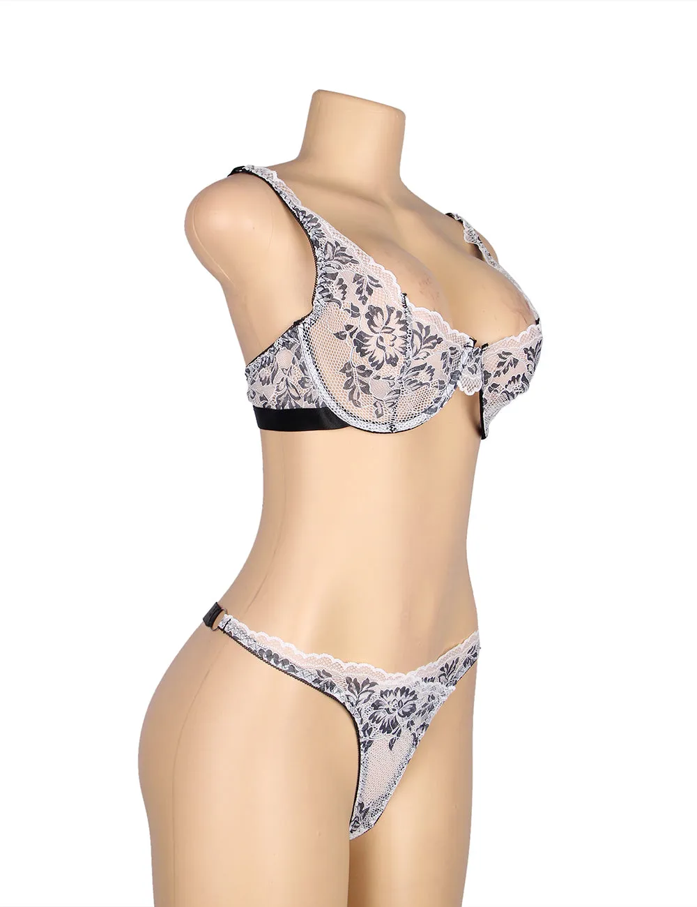 Black Floral Lace Underwire White Bra Set