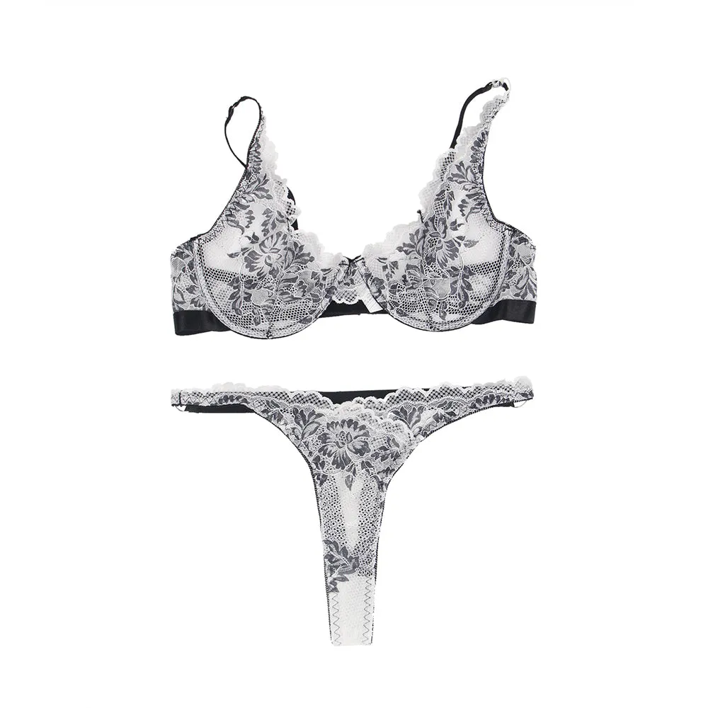 Black Floral Lace Underwire White Bra Set