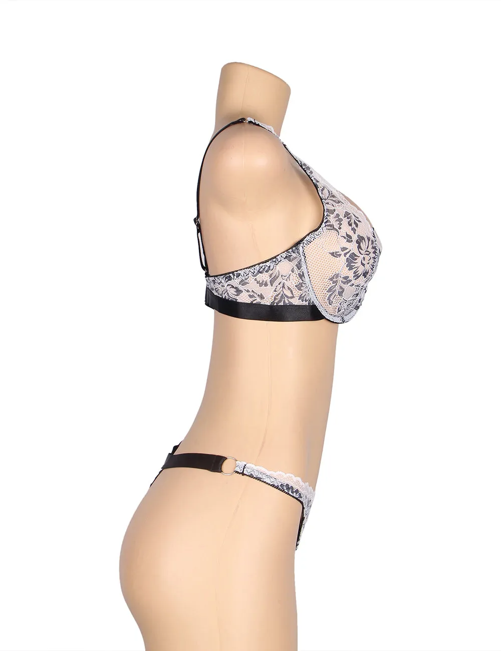 Black Floral Lace Underwire White Bra Set