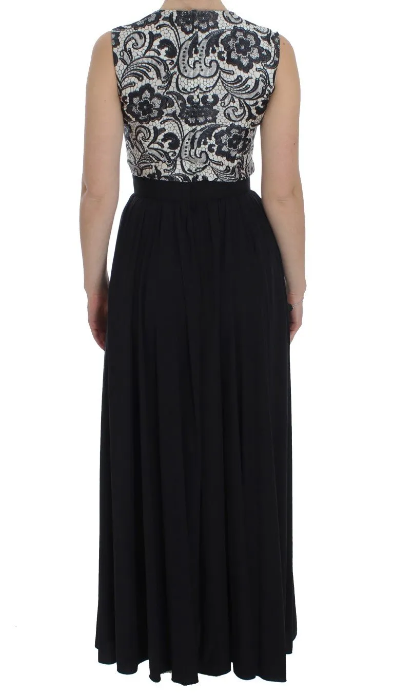 Black Floral Silk Empire Maxi Long Dress