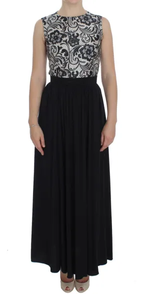 Black Floral Silk Empire Maxi Long Dress