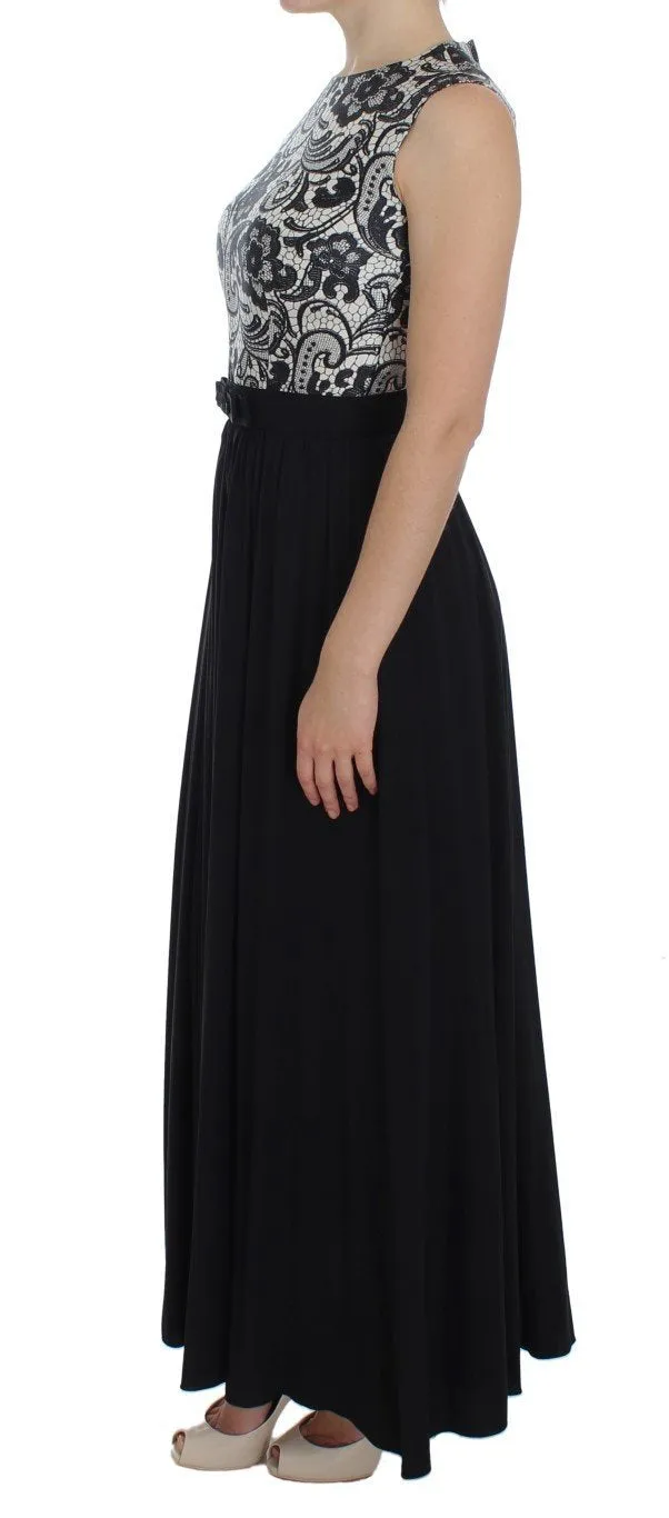 Black Floral Silk Empire Maxi Long Dress