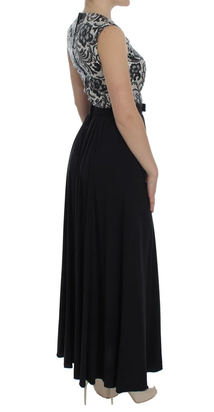 Black Floral Silk Empire Maxi Long Dress