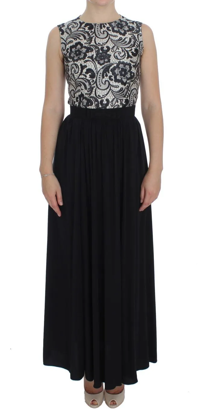 Black Floral Silk Empire Maxi Long Dress