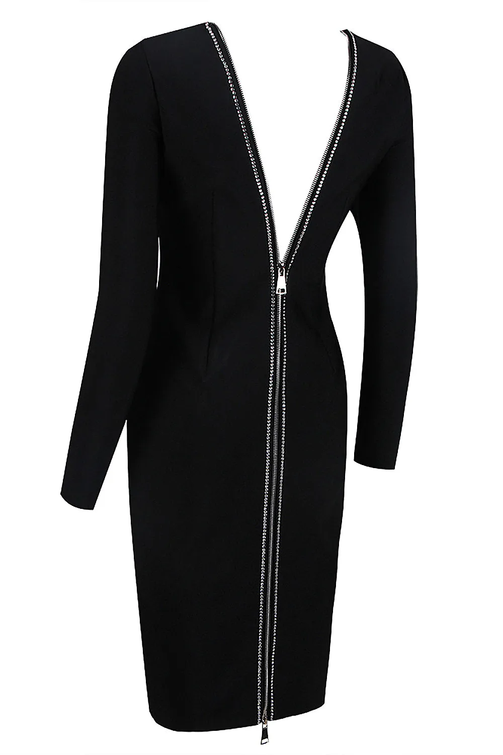 Black Long Sleeve Back Zipper Crystal Bandage Dress
