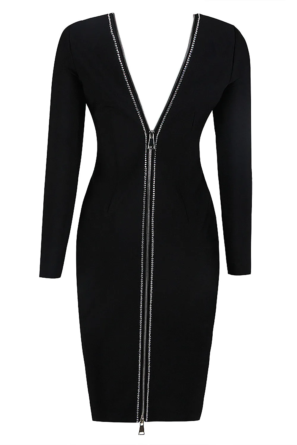 Black Long Sleeve Back Zipper Crystal Bandage Dress