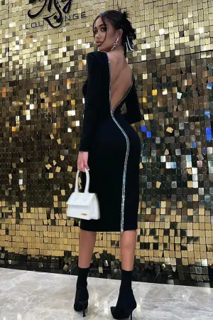Black Long Sleeve Back Zipper Crystal Bandage Dress
