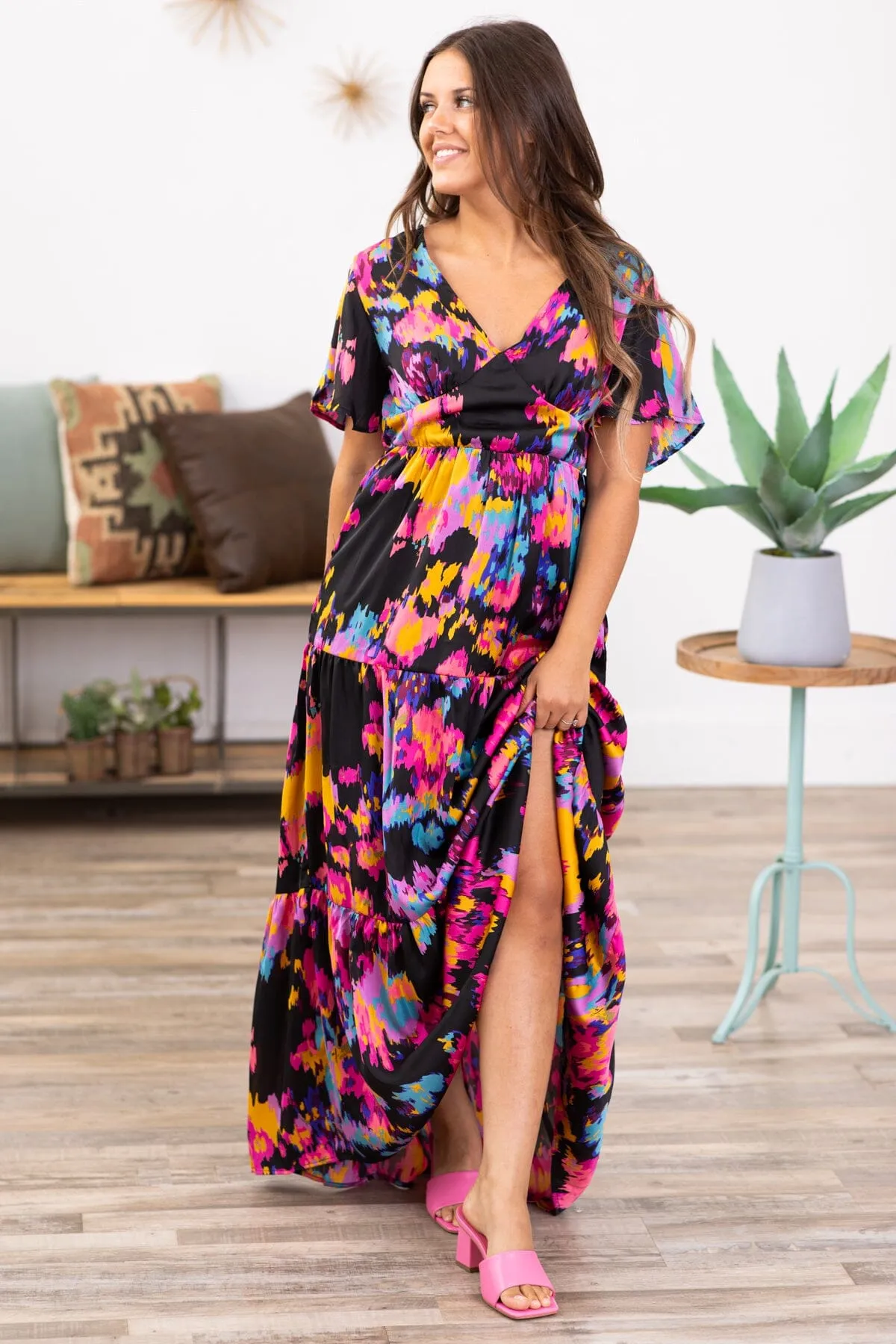 Black Multicolor Abstract Floral Maxi Dress