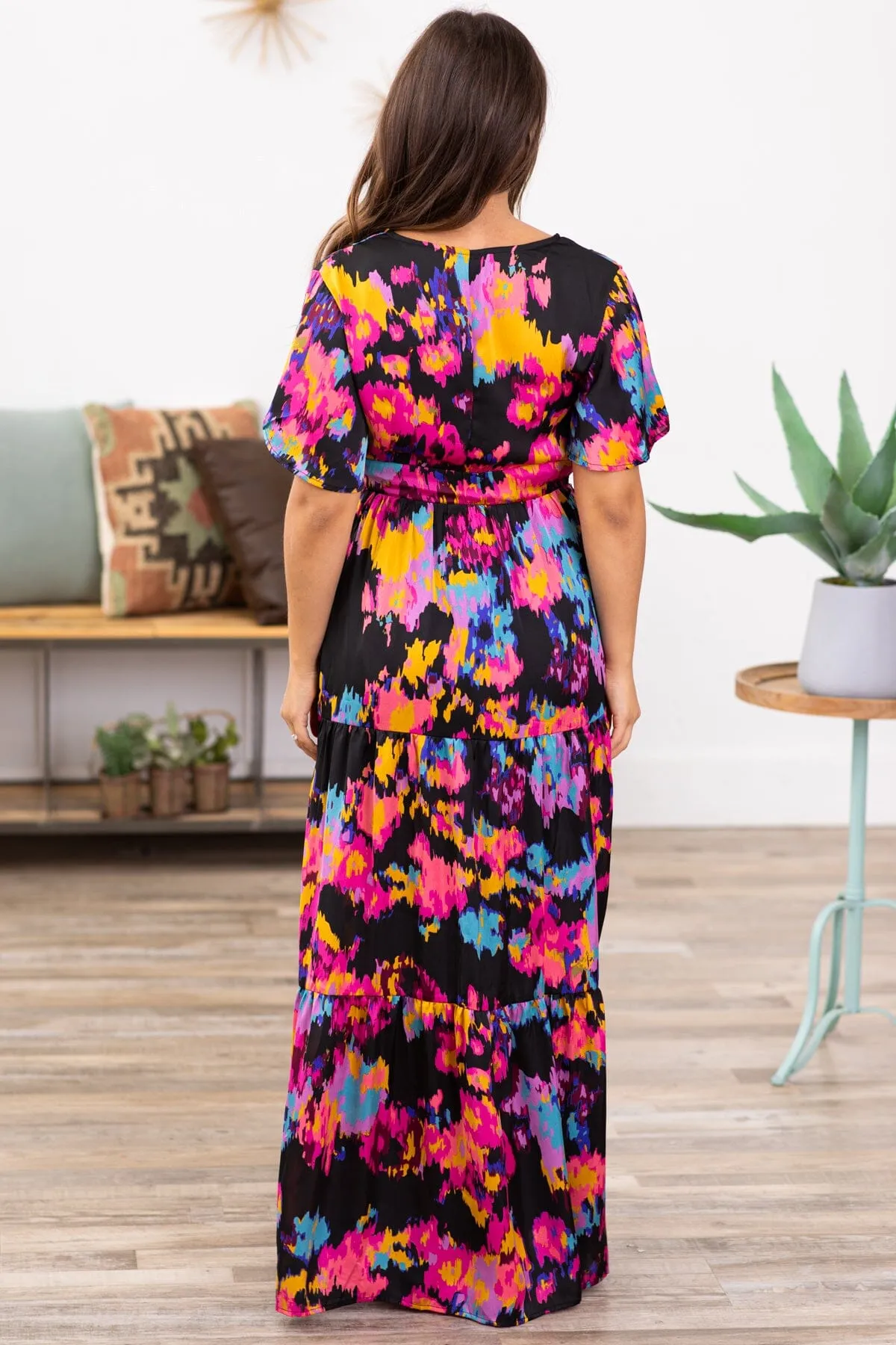 Black Multicolor Abstract Floral Maxi Dress
