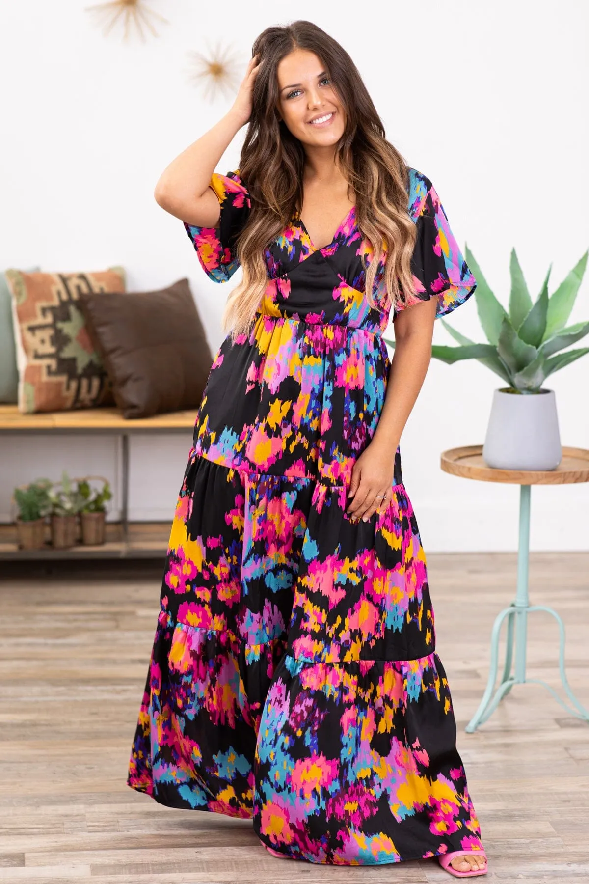 Black Multicolor Abstract Floral Maxi Dress