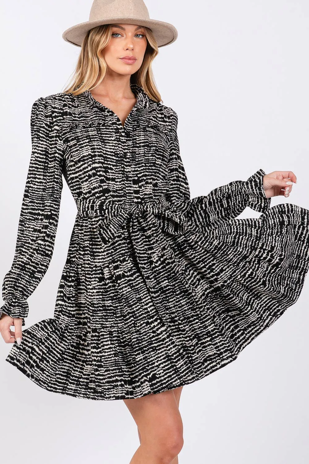 Black Printed Long Sleeve Mini Sage   Fig Dress: Black