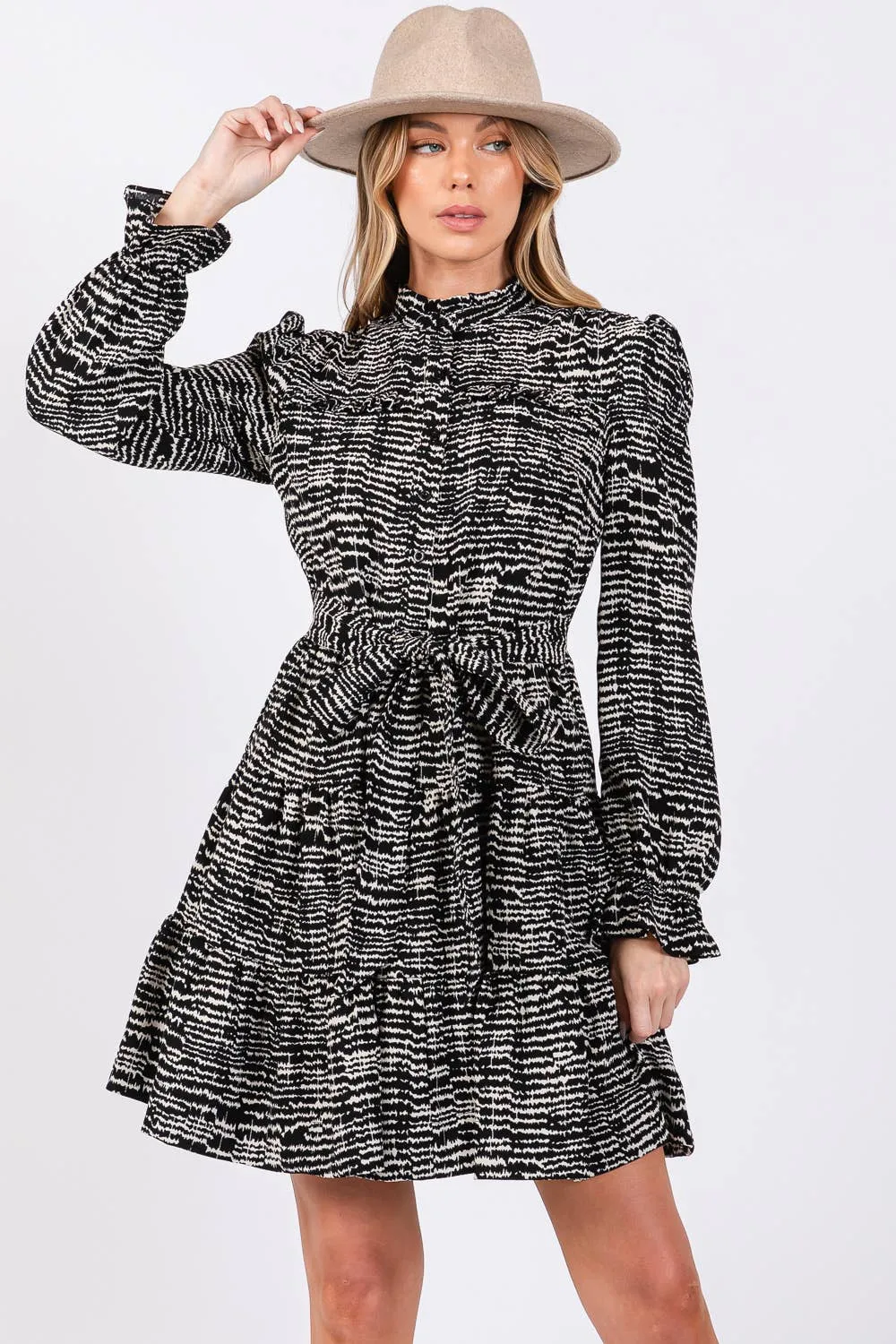 Black Printed Long Sleeve Mini Sage   Fig Dress: Black