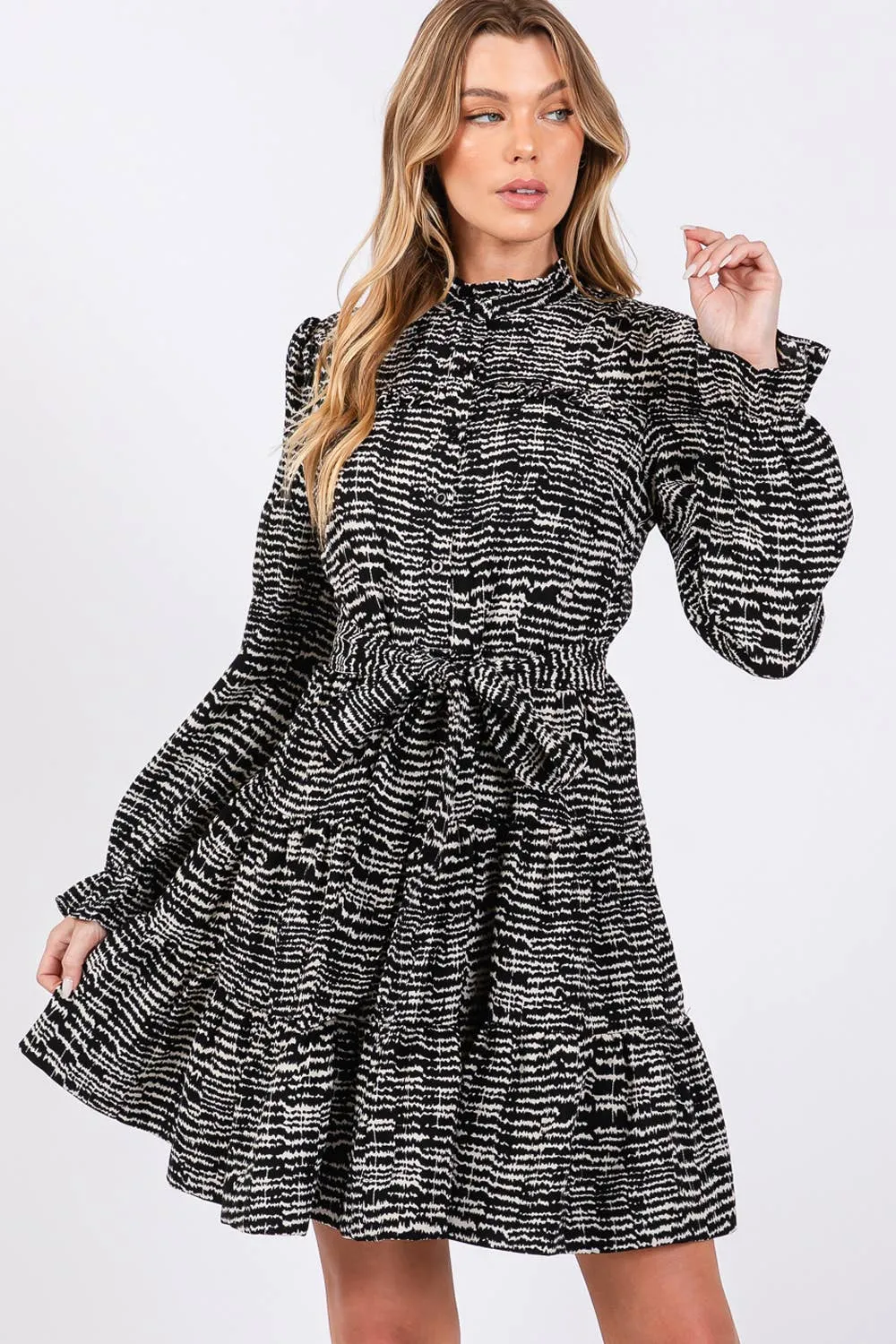 Black Printed Long Sleeve Mini Sage   Fig Dress: Black