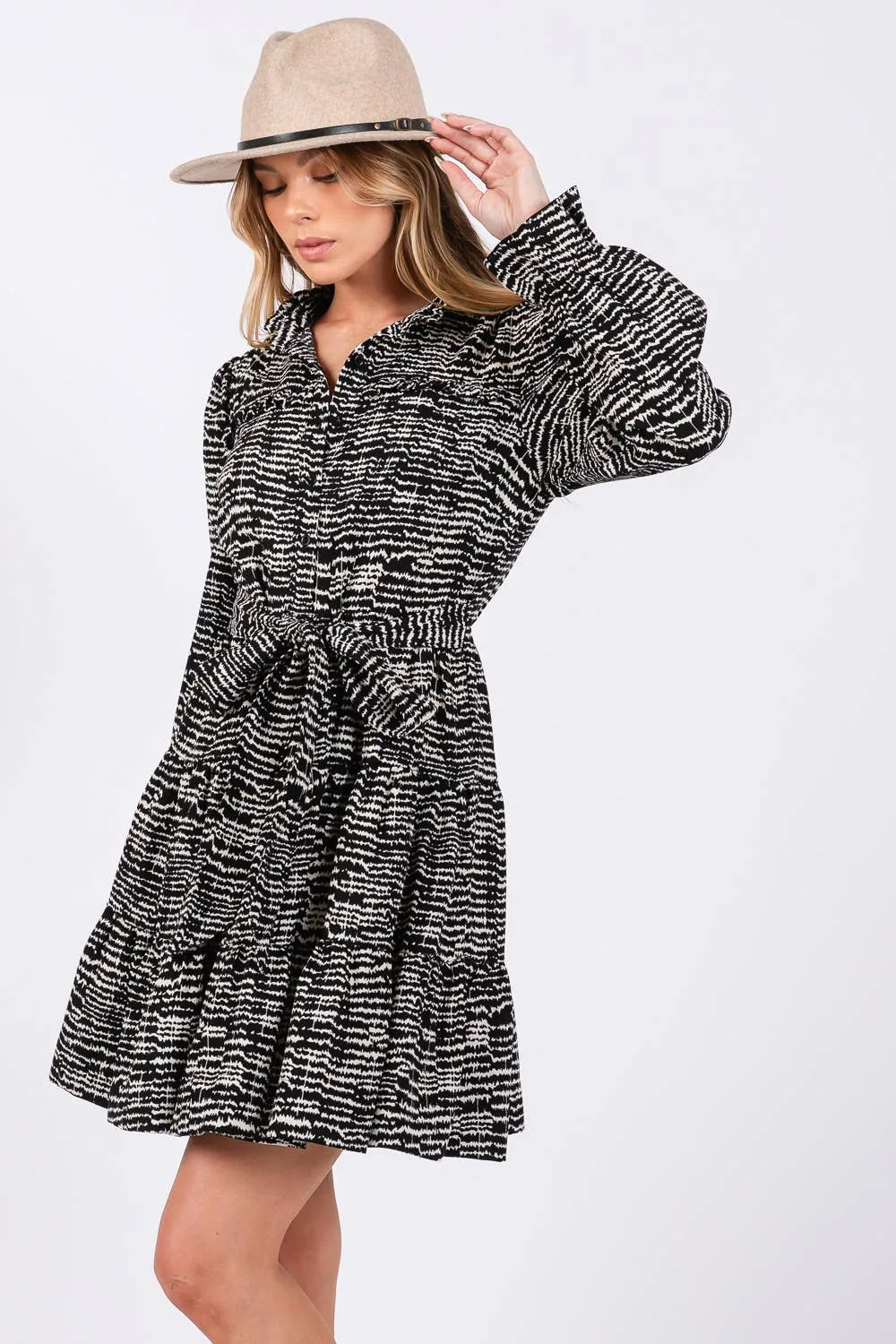 Black Printed Long Sleeve Mini Sage   Fig Dress: Black