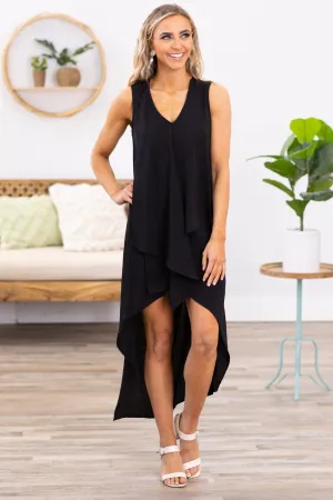 Black V-Neck Hi Lo Midi Dress