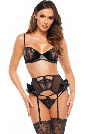 Black Wet Look Bra & Suspender Belt Set