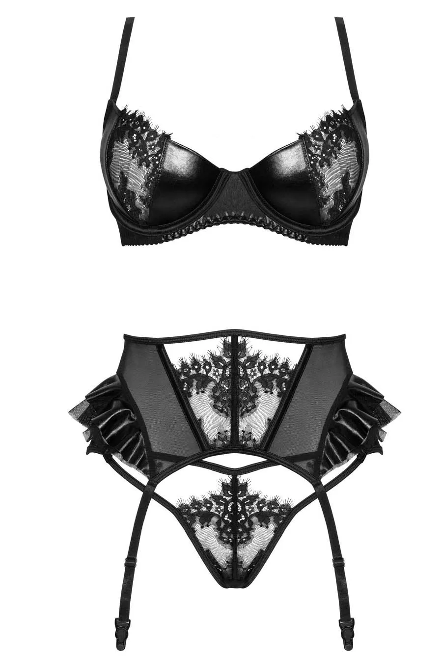 Black Wet Look Bra & Suspender Belt Set