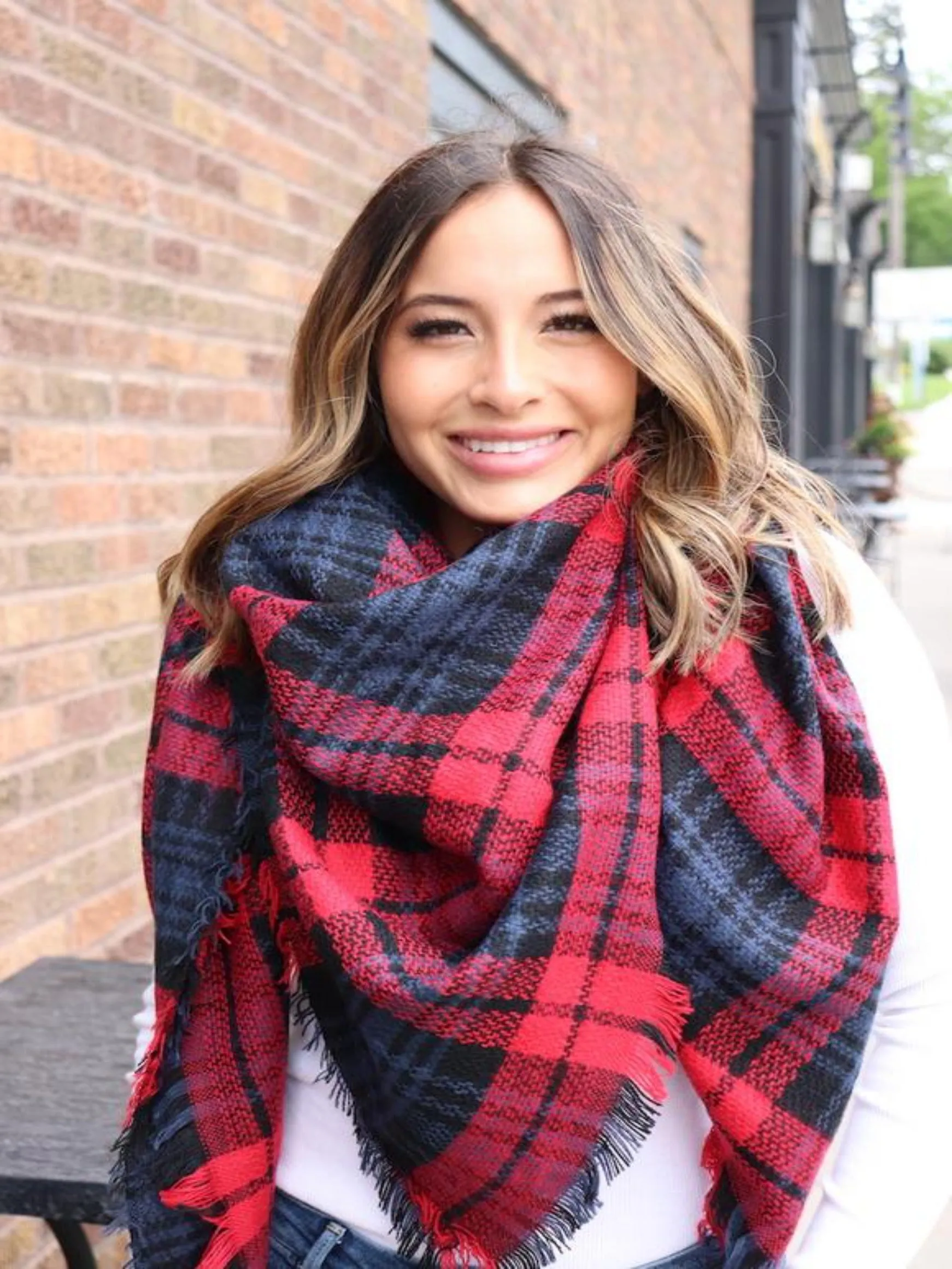 Blanket Scarf, Red/Navy/Black Combo