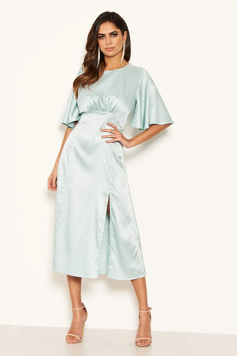 Blue Printed Satin Midi Dress