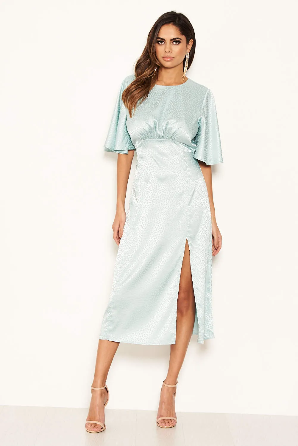 Blue Printed Satin Midi Dress