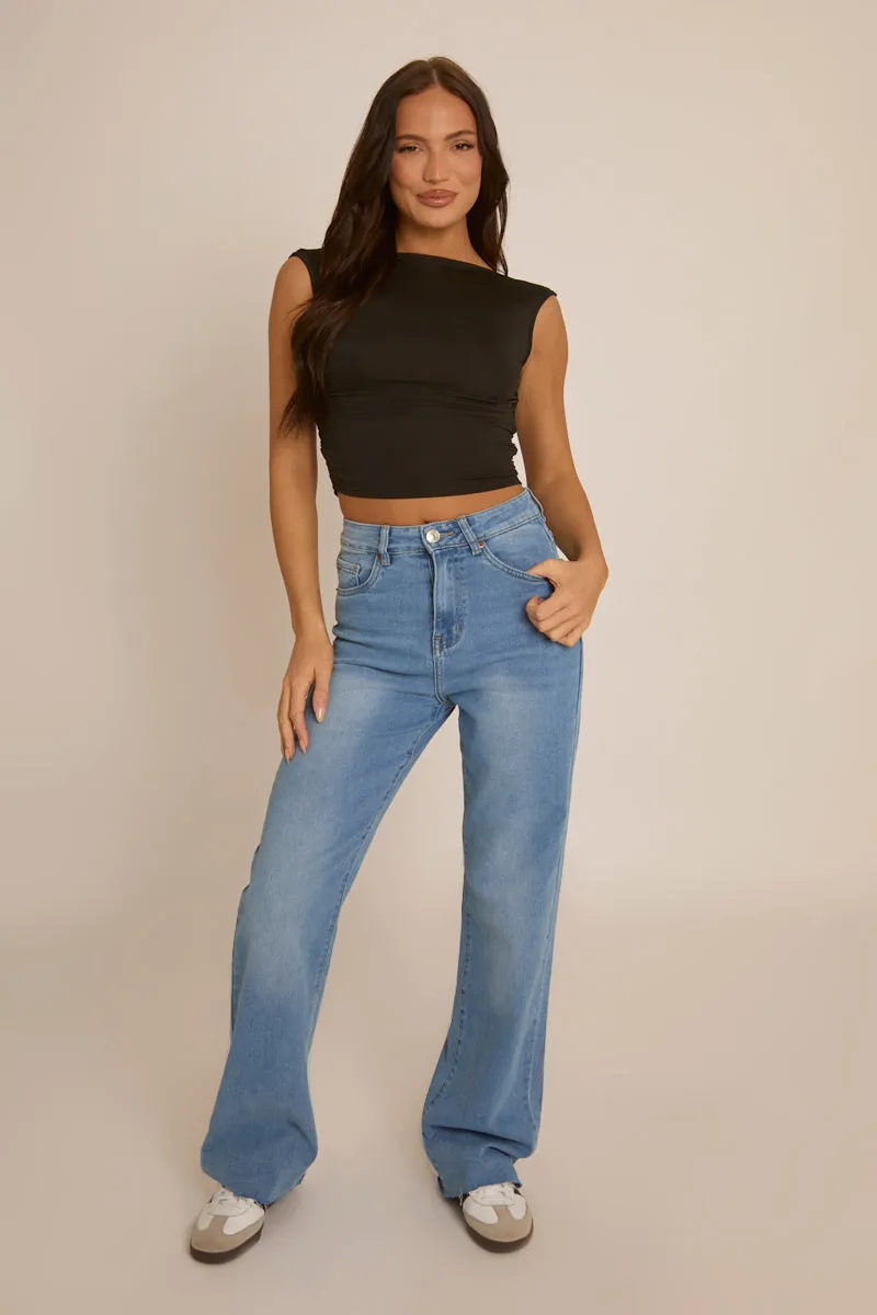 Blue Stretch Straight Leg Frayed Hem Jeans - Scarlett