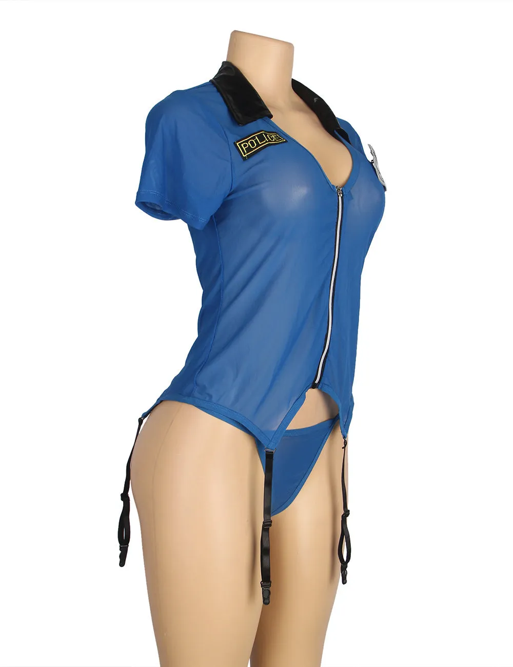 Blue Zipper Front Sexy Garter Belt Police Costume Egypt with Handcuffs