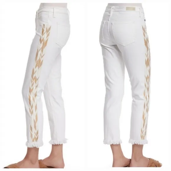 BOGO! AG Mid-Rise Stilt Crop Embroidered Boho Jeans Fray Hem White Tan 32