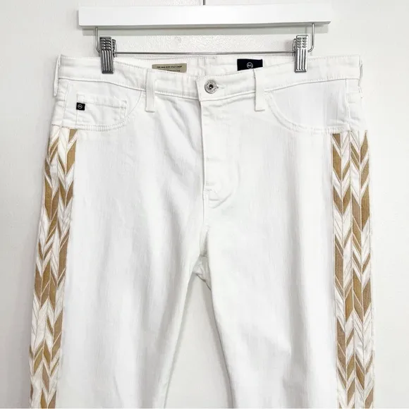 BOGO! AG Mid-Rise Stilt Crop Embroidered Boho Jeans Fray Hem White Tan 32