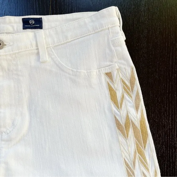 BOGO! AG Mid-Rise Stilt Crop Embroidered Boho Jeans Fray Hem White Tan 32
