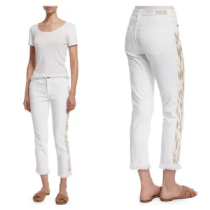 BOGO! AG Mid-Rise Stilt Crop Embroidered Boho Jeans Fray Hem White Tan 32