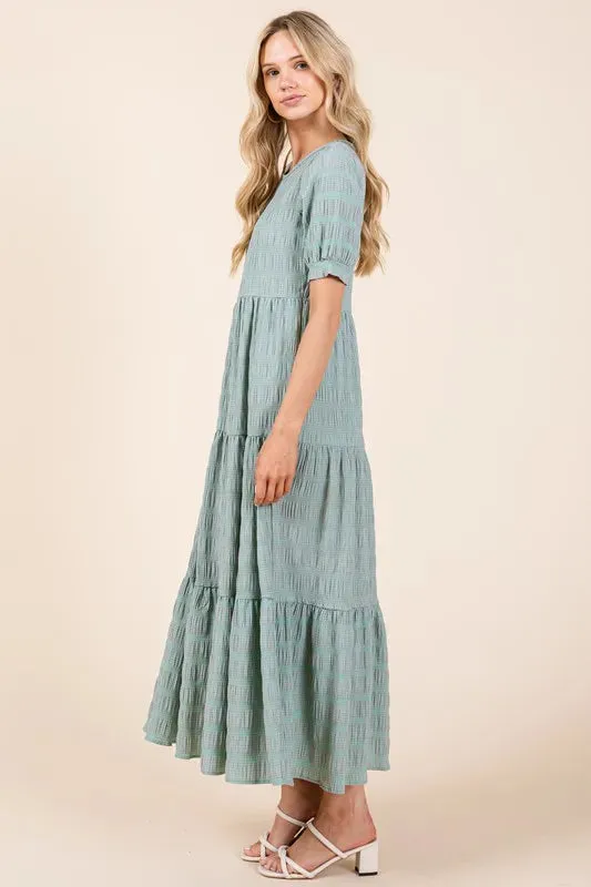 BOMBOM Textured Short Sleeve Tiered Dress
