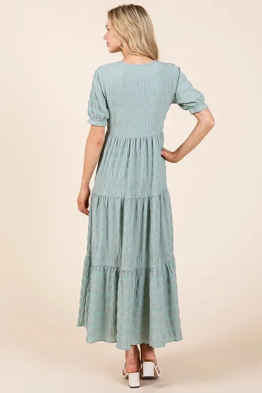 BOMBOM Textured Short Sleeve Tiered Dress