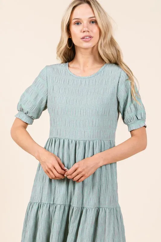 BOMBOM Textured Short Sleeve Tiered Dress