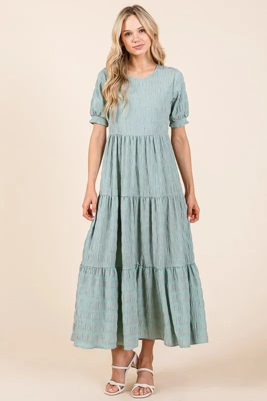 BOMBOM Textured Short Sleeve Tiered Dress