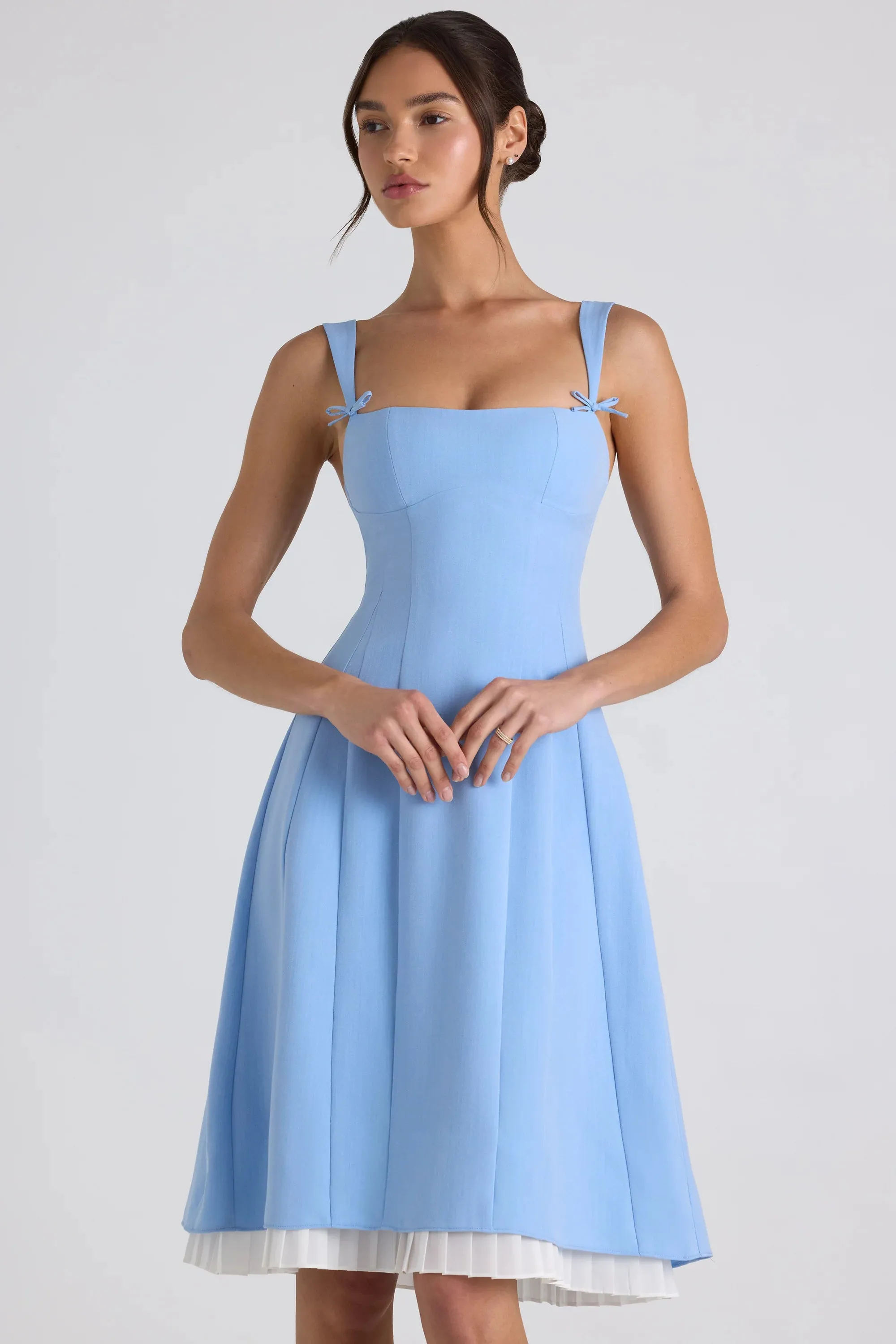 Bow-Detail Pleated A-Line Midi Dress in Sky Blue