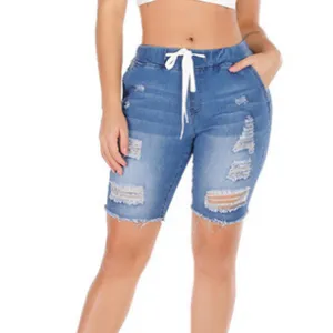 Breathable Women's Ripped Mid Waisted Denim Bermuda Shorts