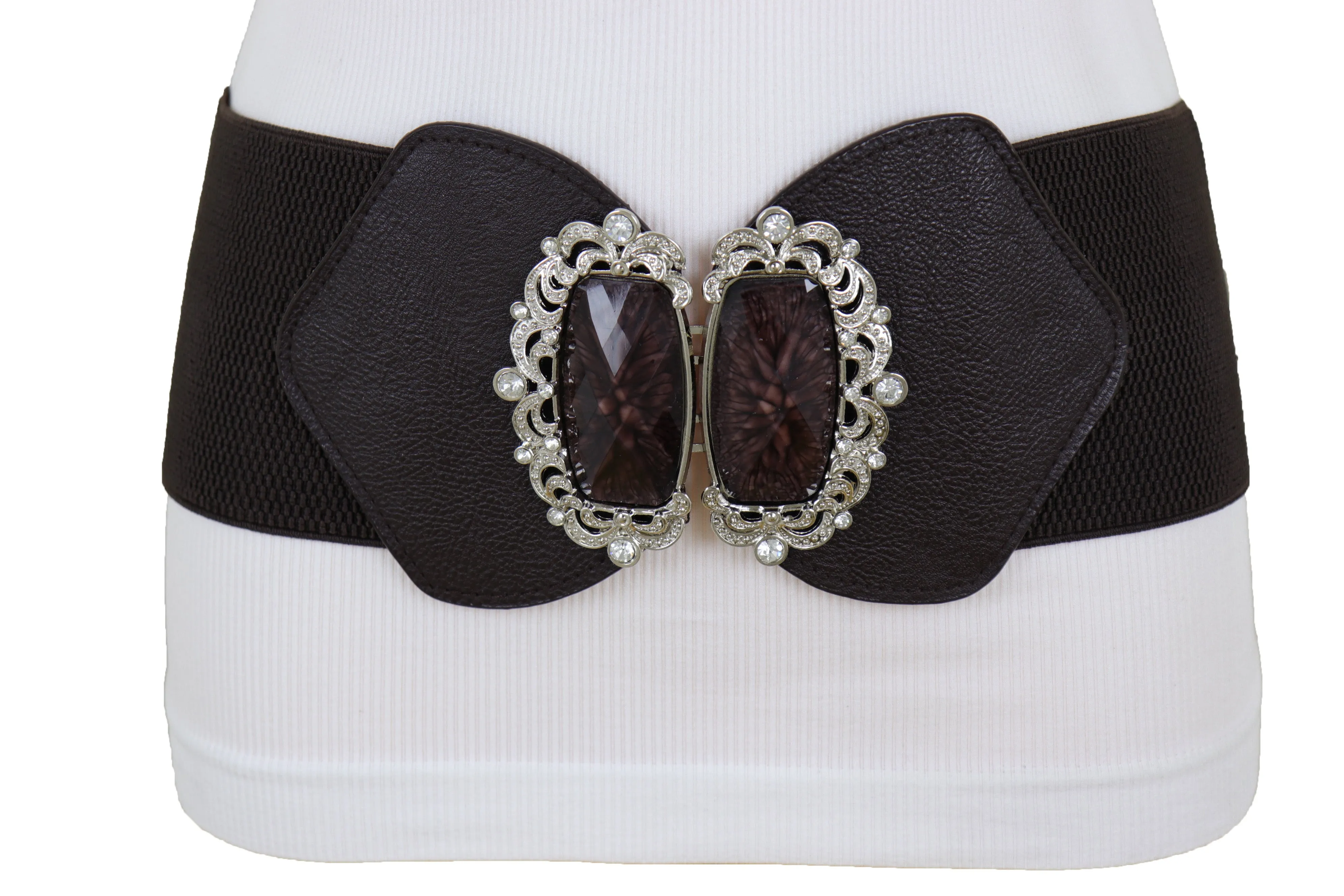 Brown Elastic Waistband Wide Belt Hip Waist Silver Bling Buckle Size S M