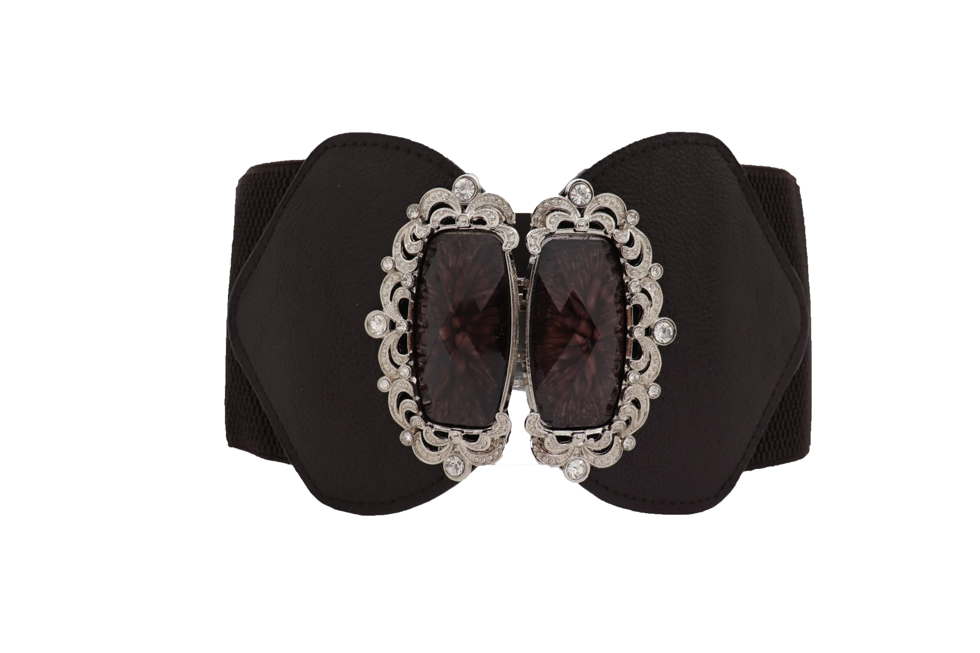 Brown Elastic Waistband Wide Belt Hip Waist Silver Bling Buckle Size S M