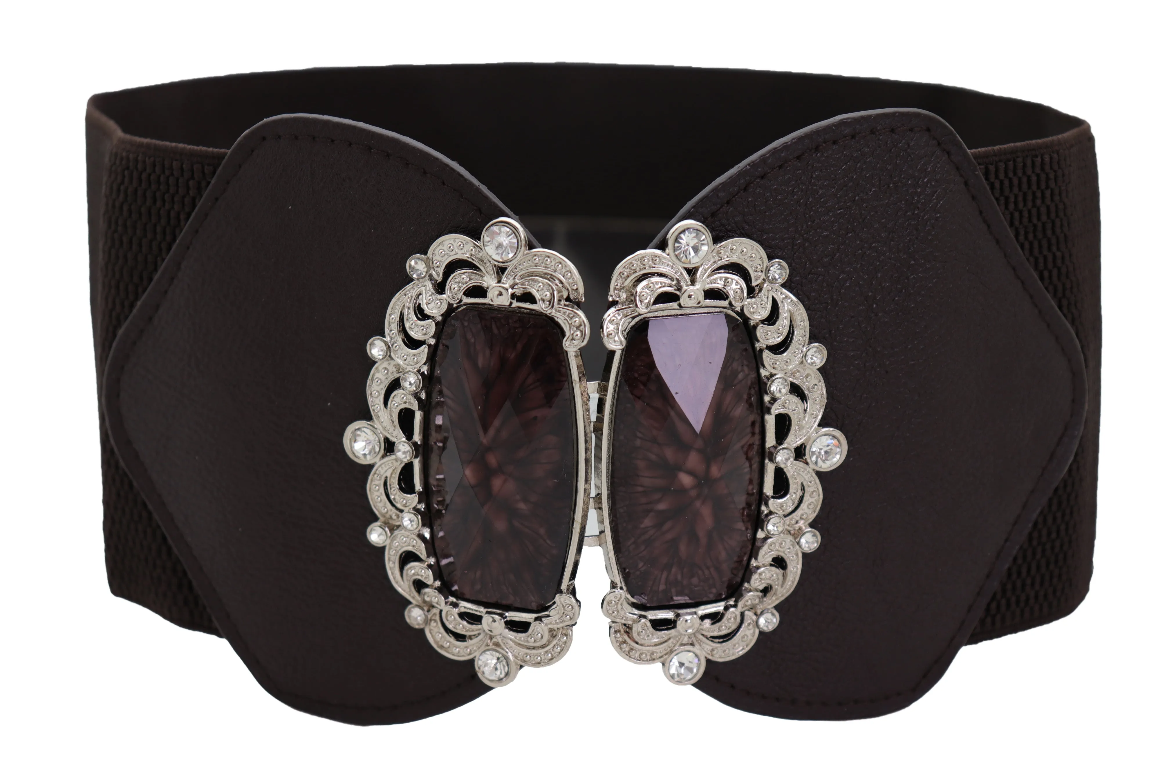 Brown Elastic Waistband Wide Belt Hip Waist Silver Bling Buckle Size S M