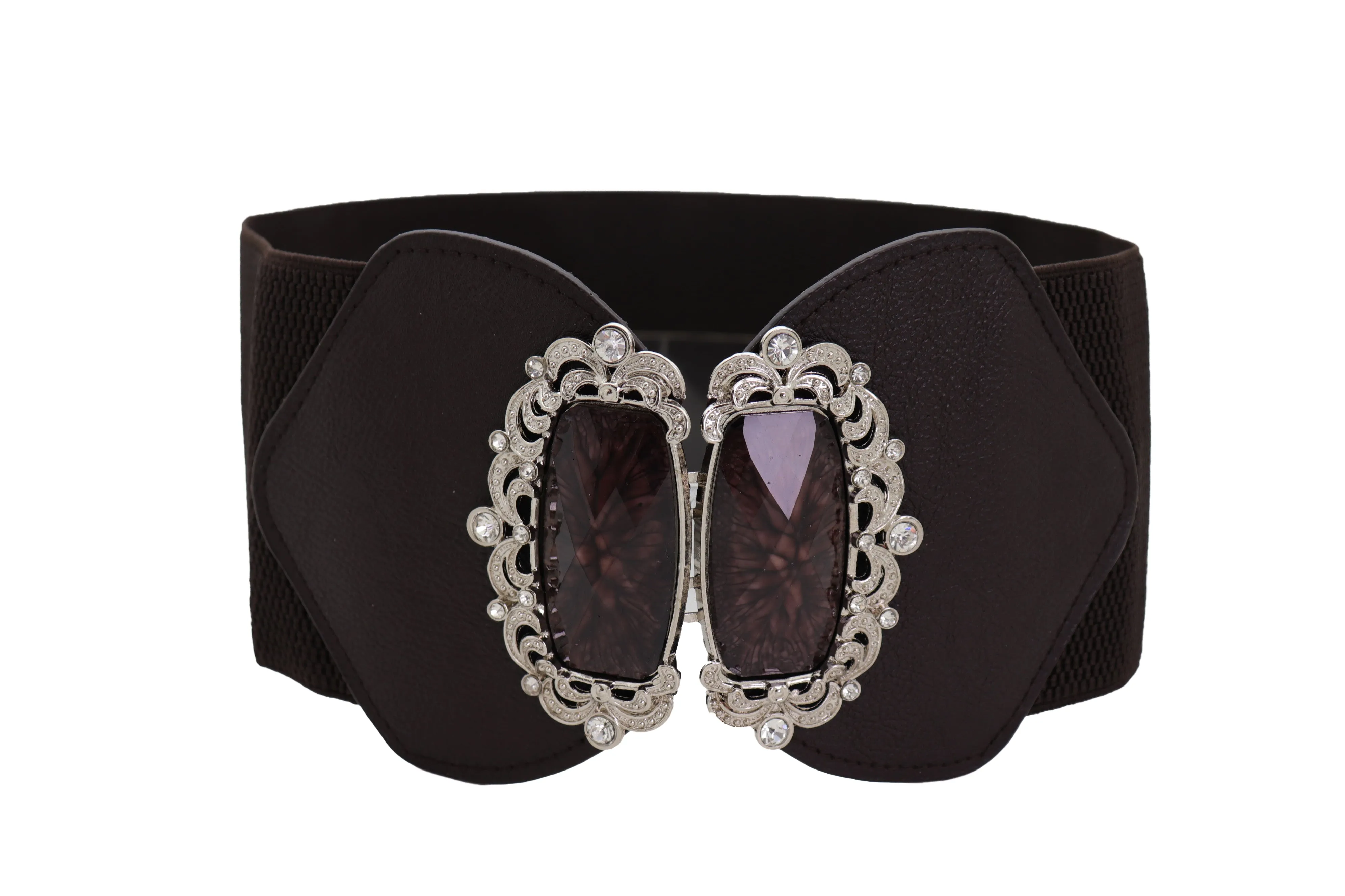 Brown Elastic Waistband Wide Belt Hip Waist Silver Bling Buckle Size S M