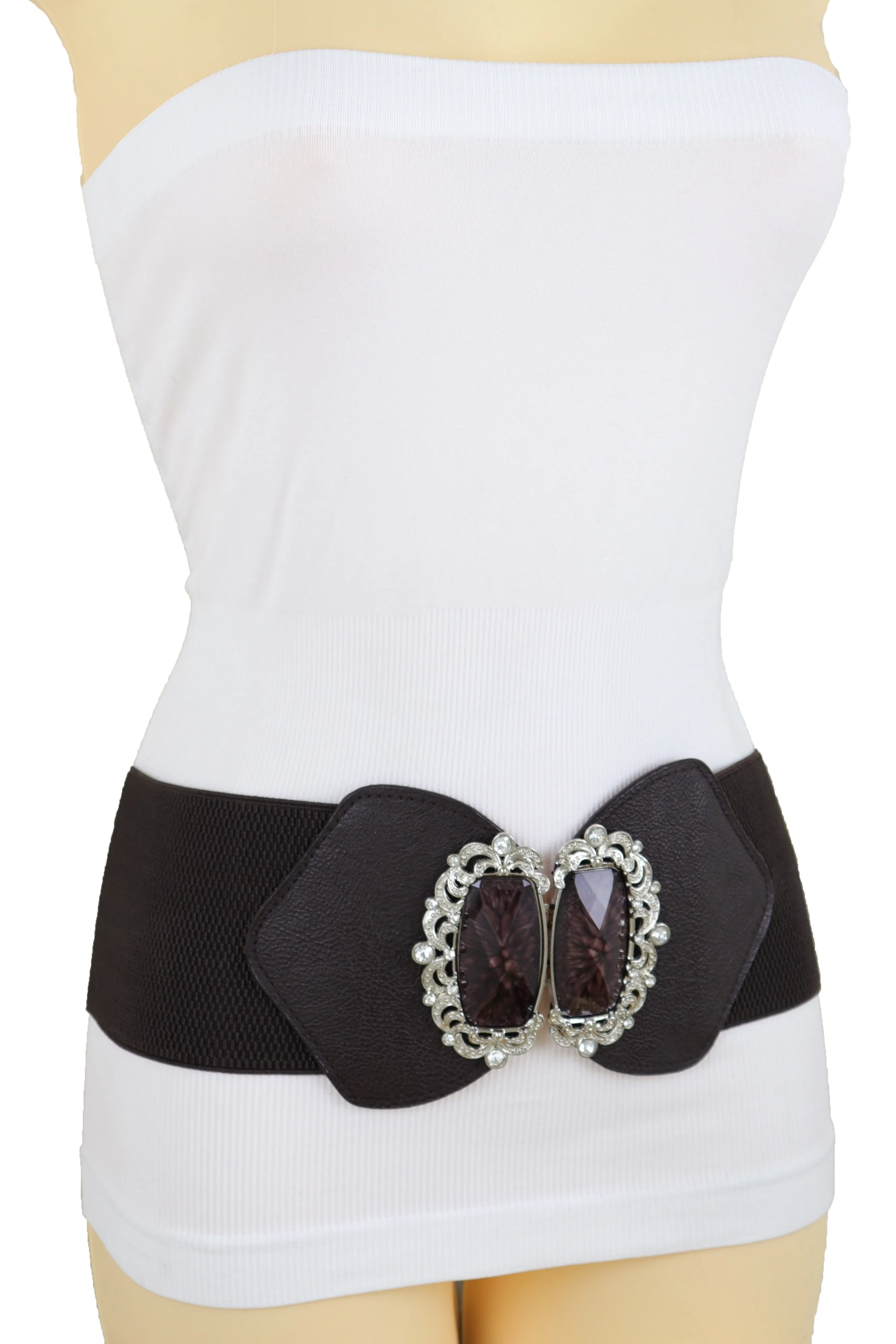 Brown Elastic Waistband Wide Belt Hip Waist Silver Bling Buckle Size S M