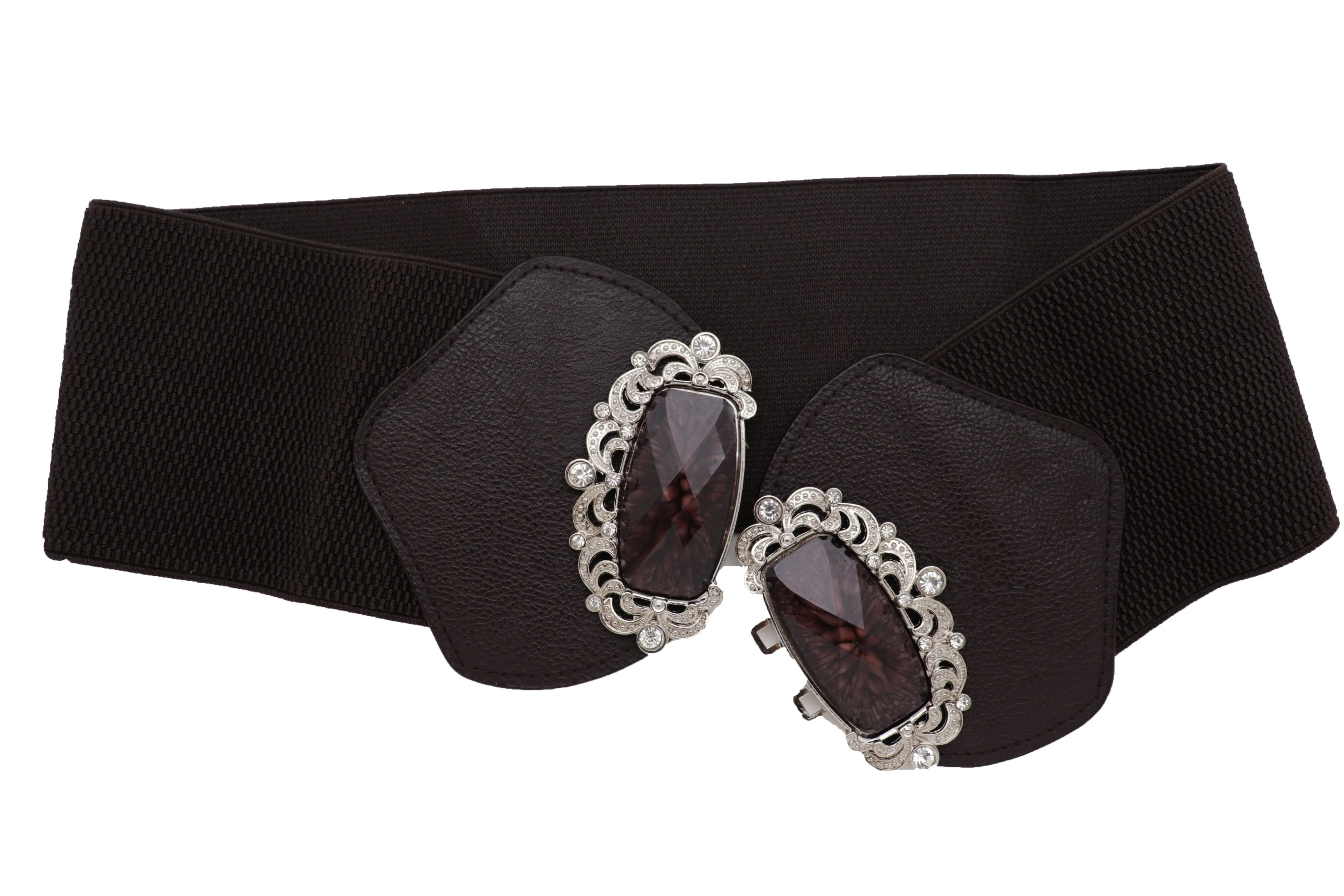 Brown Elastic Waistband Wide Belt Hip Waist Silver Bling Buckle Size S M