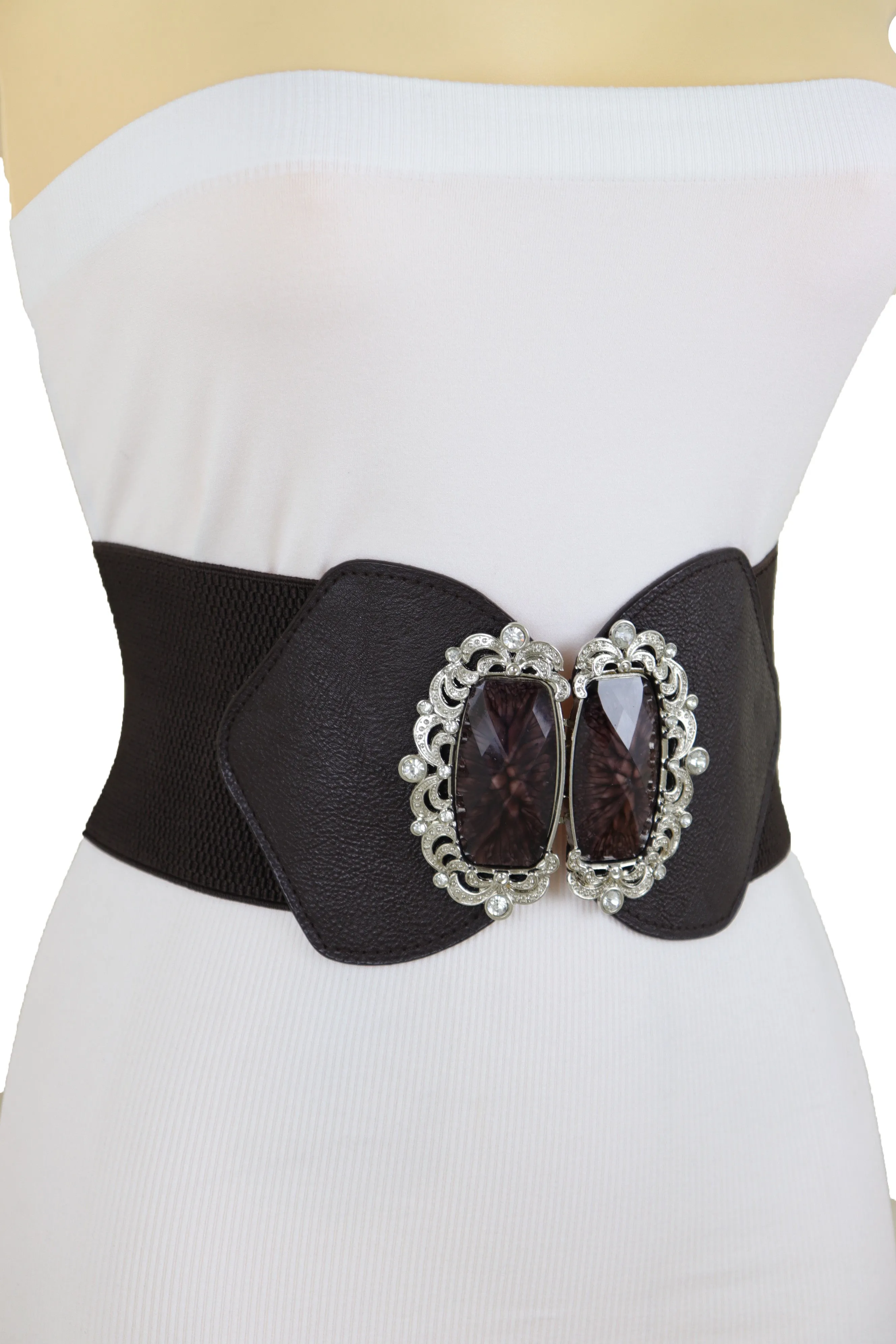 Brown Elastic Waistband Wide Belt Hip Waist Silver Bling Buckle Size S M